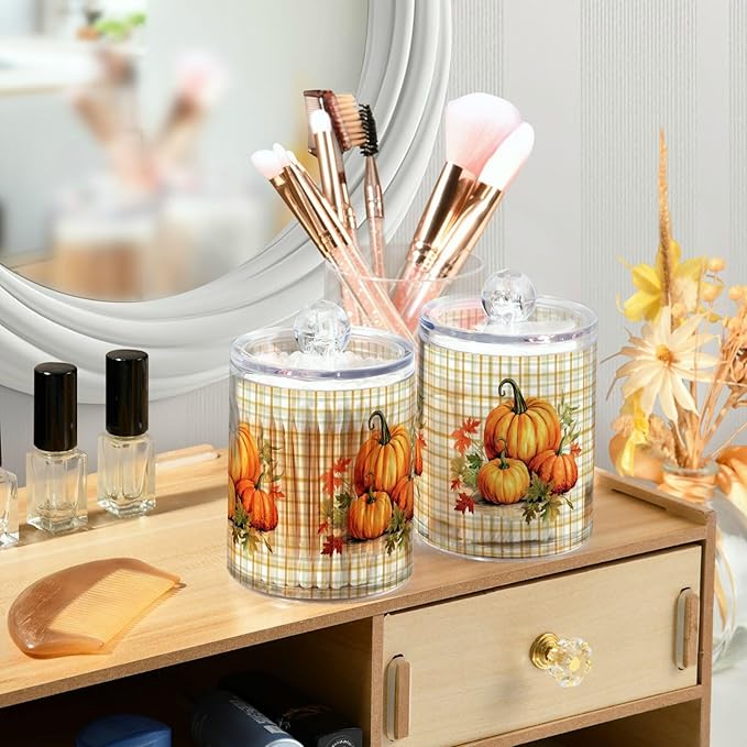 Gredecor 2 Pack Apothecary Jars with Lid Pumpkins Gingham Plaid Qtip Holder Dispenser Storage Containers Clear Plastic Rustic Fall Autumn Thanksgiving Theme Canisters for Bathroom Vanity Organization