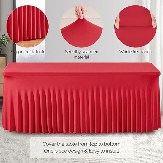 Wish Care 6 Pack Red Spandex Table Clothes for 8 Foot Rectangle Tables, 8FT Wrinkle Free Fitted Tablecloths Ruffles Design Table Cover for Party, Banquet, Wedding and Events