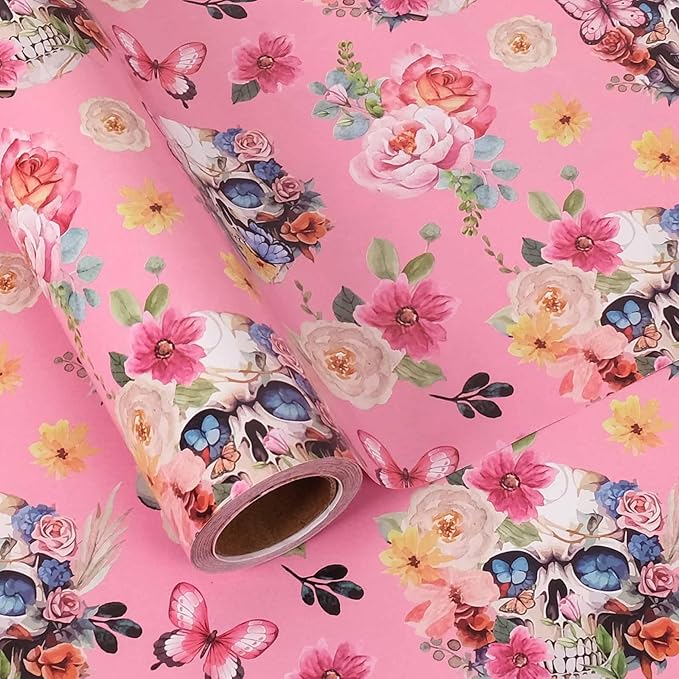Aimyoo Gothic Wrapping Paper Roll, 17 Inch X 33 Feet Skull Floral Butterfly Design Gift Wrap Paper for Mother's Day, Birthday Bridal Shower