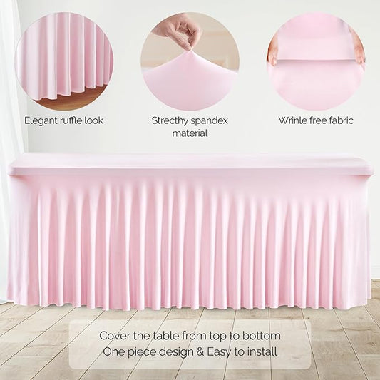 Wish Care 2 Pack Pink Spandex Table Clothes for 4 Foot Rectangle Tables, 4FT Wrinkle Free Fitted Tablecloths Ruffles Design Table Cover for Party, Banquet, Wedding and Events