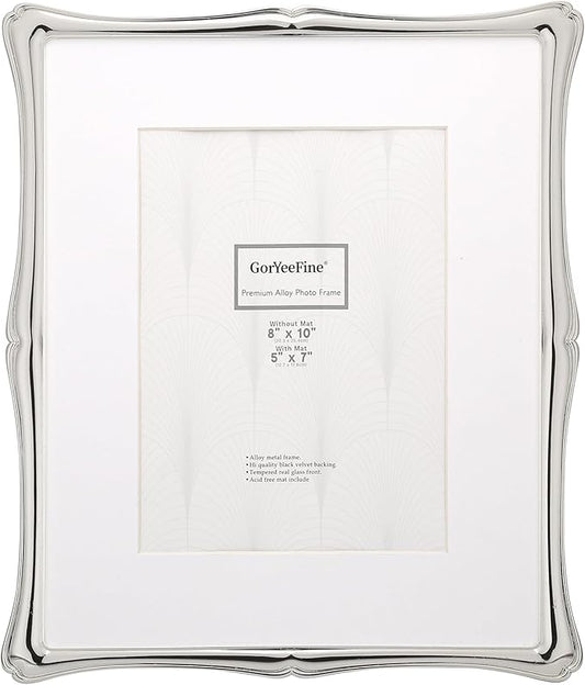 8 x 10'' Premium Alloy Silver Photo Frame with 5x7'' Mat - Luxury Hi End Display Picture Frames 5x7'' with Black Velevt Back