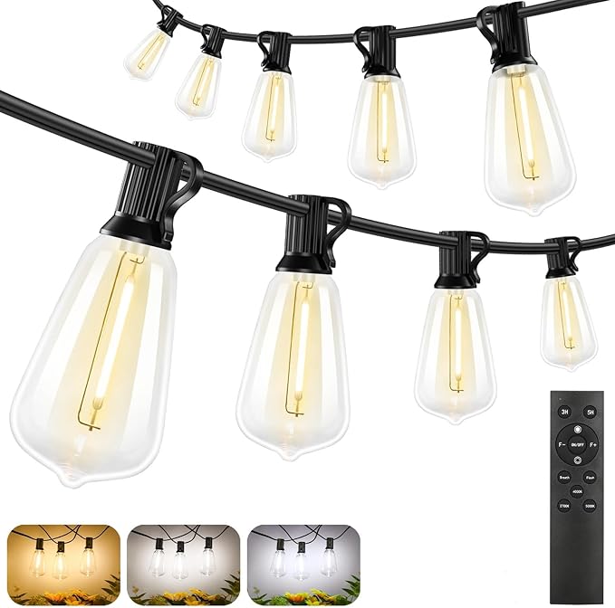 Brightever 180FT LED String Lights with Remote Control, 2700K/4000K/5000K Selectable Outdoor Patio Lights with 56 Shatterproof ST38 Edison Bulbs, 3 Modes Dimmable Outside Light for Yard, Porch