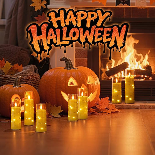 Raycare Flameless Candle with Remote Timer – 9 Flickering Acrylic Battery Operated LED Pillar Candles with Embedded Star String for Halloween, Home Decor, and as a Gift(Glod)
