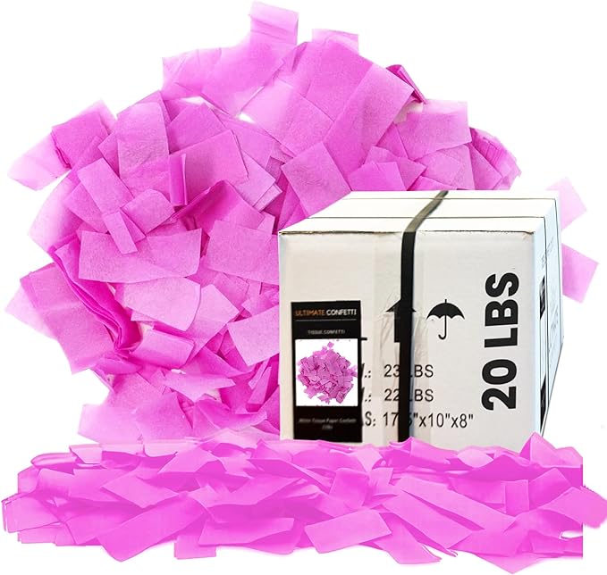 Ultimate Confetti, Pink Biodegradable Confetti - Rectangular Fluttering Tissue Paper Confetti for Cannon and Launcher use – Best for Gender Reveal, Parties, Concerts and Weddings - 20 lb, 320 oz