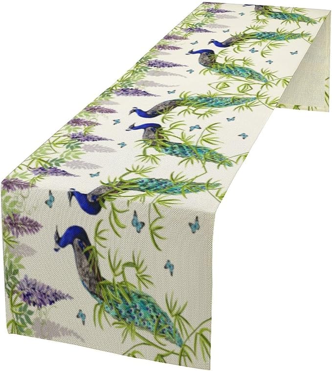 Peacock Table Runner,Spring Plant Butterfly Print Seasonal Table Runner for Home Kitchen Dining Party Indoor Outdoor Decoration 13x90 Inch