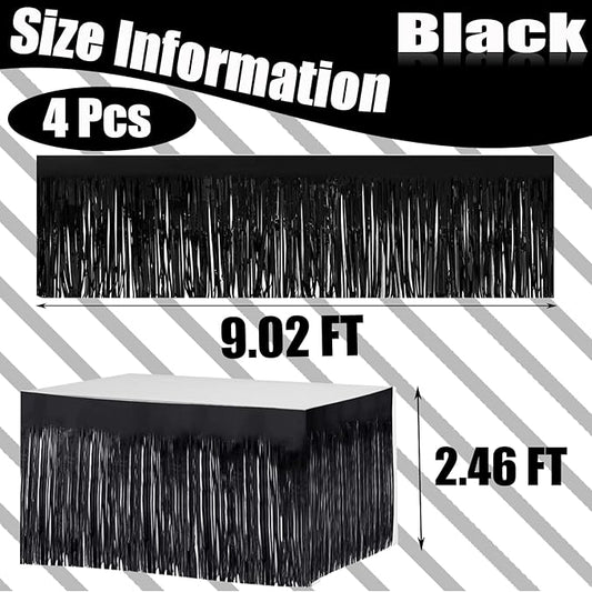 4 Pack 29x108 Inch Metallic Foil Fringe Tinsel Table Skirts for Rectangle Tables Streamer Curtains Backdrop for Halloween, Birthday, Parade Floats, Christmas Party Supplies(Black)