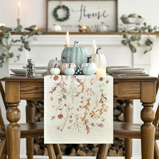 Artoid Mode Floral Leaves Fall Table Runner, Wild Flowers and Grasses Seasonal Autumn Kitchen Dining Table Decoration for Home Party Decor 13x120 Inch