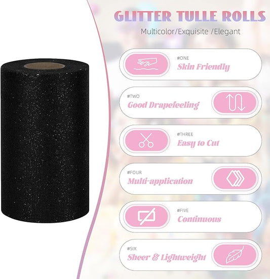 Glitter Tulle Rolls 6” by 50 Yards Sparkle Tulle Fabric Ribbon Sequin Tulle Netting Rolls for DIY Tutu Skirt Wedding Birthday Party Decoration (Black)