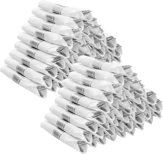 BESTVIP 100 Pack Pre Rolled Silver Plastic Silverware Set, Disposable Wrapped Cutlery Set with 100 Napkins, 100 Knives, 100 Forks and 100 Spoons for Party, Birthday