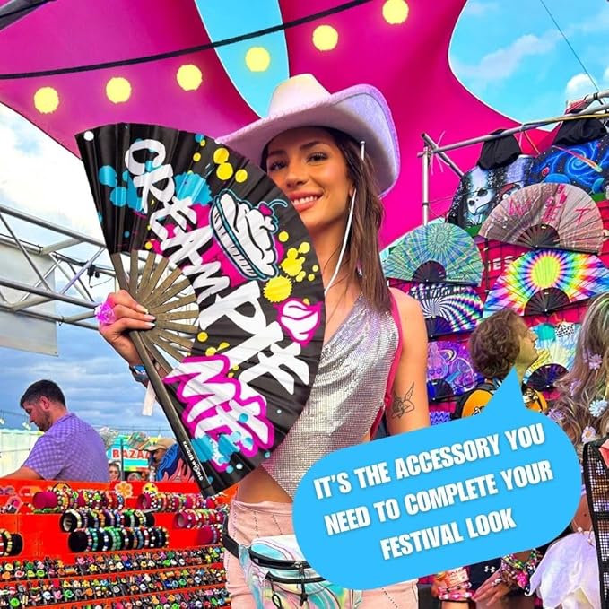 Kandies World Custom Festival Folding Hand Fan - Unique Designs, Made of Bamboo, Clacking Sound, Lightweight - Perfect Rave and Festival Accessory! (Cream Pie)