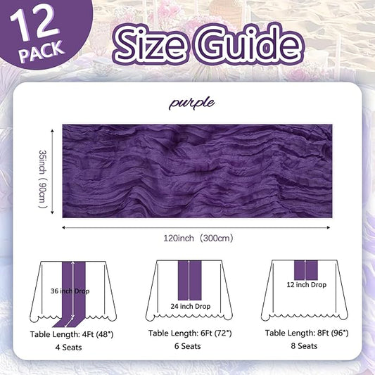 12 Pack Purple Cheesecloth Table Runner 10ft Boho Gauze Fabric Cheese Cloth Table Runner 35 x 120 Inch Rustic Sheer Runner for Romantic Wedding Decor Baby Shower Party Table Centerpiece Decoration
