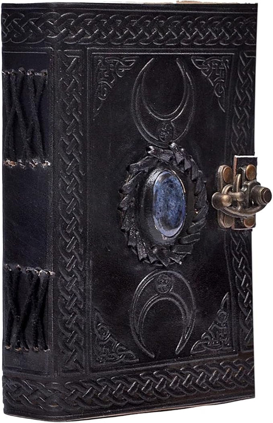 3 Moon Blue Lapiz Embossed Vintage Leather Journal | 240 Pages of Antique Handmade Deckle Edge Vintage Paper, Leather Sketchbook, Drawing Journal, Great Gift (5 by 7 inch, black)