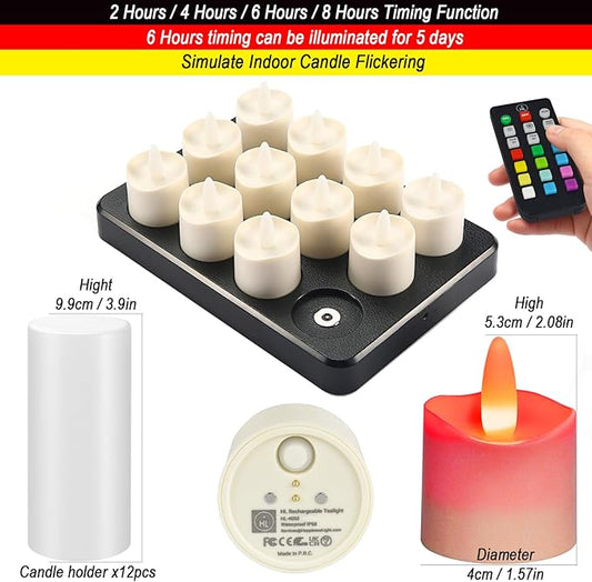 HL Flameless Candles with Remote Timer&Charging Station, 60+Hours Rechargeable Waterproof Outdoor RGB Tea Lights Colorful Candles for Valentine's Gift Halloween Christmas Home Party Decor-12pcs