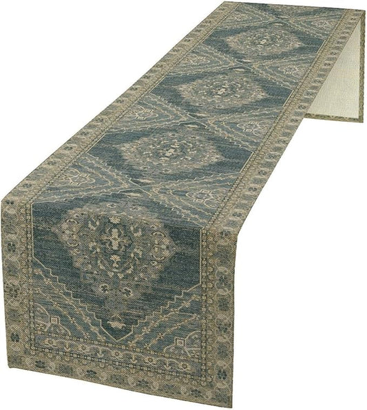 Boho Floral Vintage Table Runner, Blue Teal Retro Flower Rustic Country Farmhouse Pattern for Home Kitchen Table Decor Dining Coffee Room Party Decor 13x72in