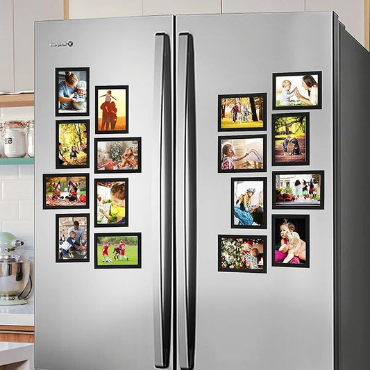 CRUGLA 4x6 Magnetic Picture Frames for Refrigerator 12 Packs, Modified Magnetic Sheet with Self Adhesive Backing, Black 4 by 6 Photo Frame Set for Locker Glass Window Door Cubicle