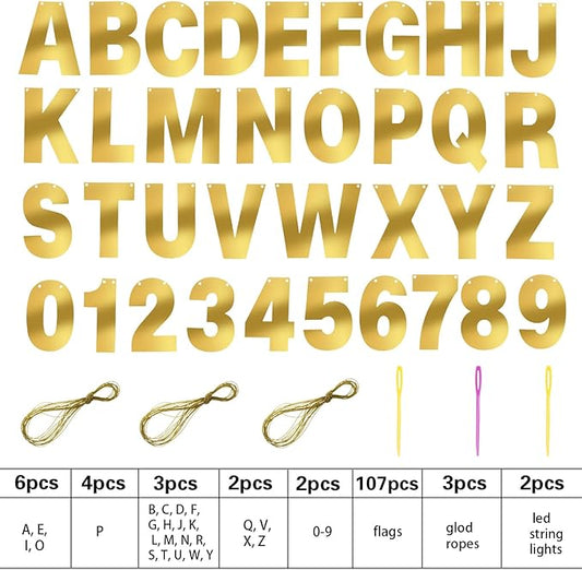 TaoBary 112 Pcs DIY Letter Kit Glitter Customizable Banner Letters Include 107 Letters and Numbers 3 Rope and 2 Needles for Birthday Halloween Christmas Wedding Valentine Party Decor(Bright Gold)