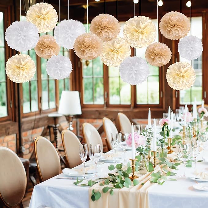 SUNBEAUTY 15 PCS Boho Champagne Pom Poms Tissue Paper Flowers, Wall Hanging Decor Neutral Party Wedding Decorations,Cream Beige White Paper Flowers for Wedding Birthday Bridal Showers Party Supplies