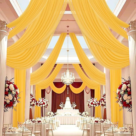 DUOBAO Chiffon Ceiling Drapes 20FT 6 Panels Gold Sheer Wedding Backdrop Curtains for Indoor Events Banquet Hall Tent Drapery Soft Draping Fabric for Arches Christmas and Photography