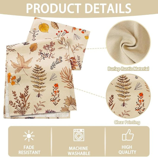 Grey Wildflower Leaves Floral Fall Table Runner, Seasonal Autumn Harvest Thanksgiving Burlap Farmhouse Indoor Outdoor Fall Kitchen Dining Decoration for Home Party 13x72 Inch