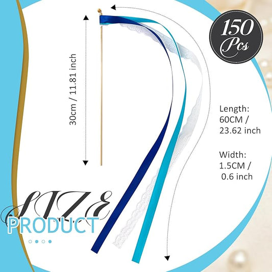 Taiyin 150 Pcs Lace Ribbon Stick Wands Wedding Wand Streamers with Bell Silk Ribbon Fairy Wand Wedding Send Off Streamer for Baby Shower Holiday Party Favors(Dark Blue,Light Blue)
