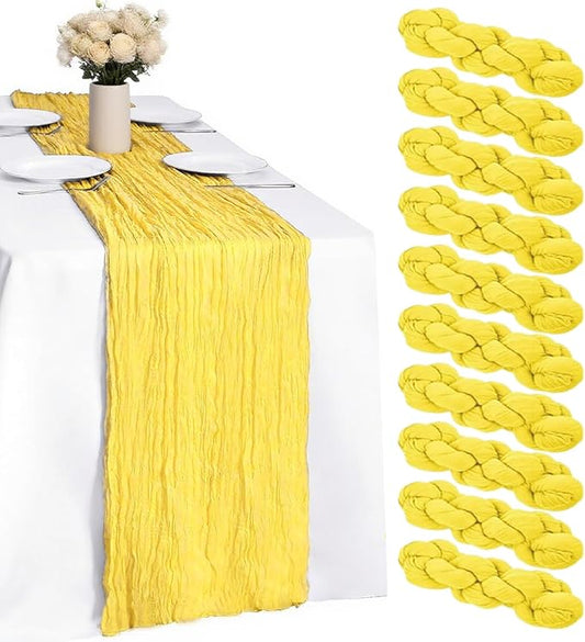 10 Pack Yellow Cheesecloth Table Runner -21*120Inch Long Boho Wedding Table Decor, Rustic Gauze Fabric Runner for Bridal Showers, Baby Showers & Parties (Sheer, Lightweight, Wrinkled Design)