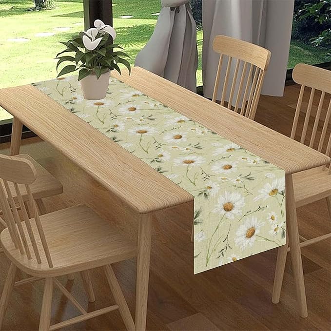 Daisy Floral Table Runner, Farmhouse Abstract Spring Seasonal Summer Blue White Flower Rustic Table Center Decor for Home Kitchen Dining Patio Holiday Party Indoor Table Decorations, 13"x36" Inch