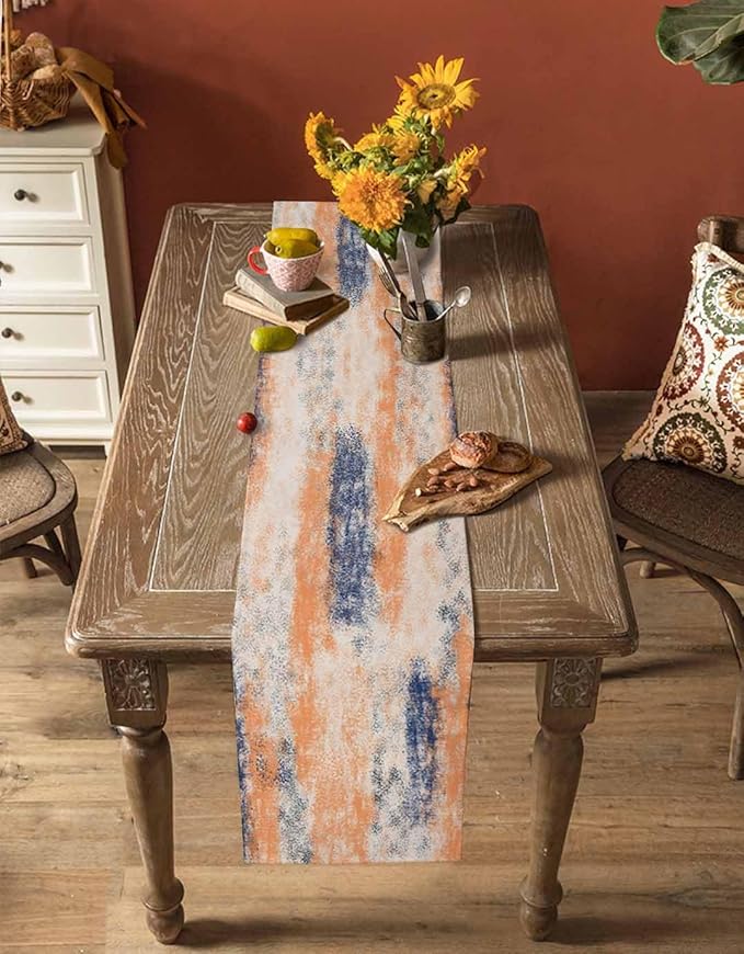 Vintage Oil Painted Cotton Linen Table Runner for Dining Kitchen, Wedding Outdoor Party Tablerunners Decoration, Abstract Modern Orange Minimalist Dresser Scarf Coffee Tablecloth Runners 13x48 Inches