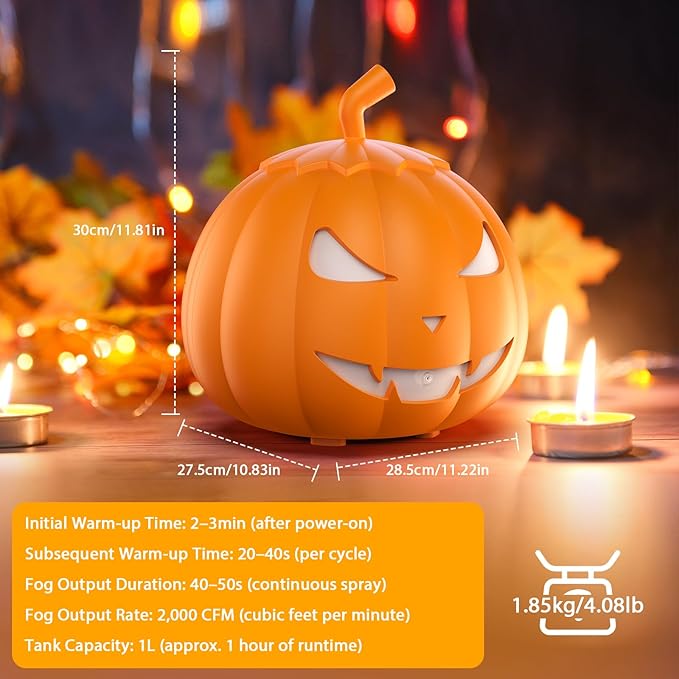 Fog Machine with LED RGB Lights, 800W Halloween Fog Machine with Remote Control, Pumpkin Smoke Machine 12 Colors Lighting Effect for Halloween Band DJ Show Club Outdoor Camping, 4 Pack