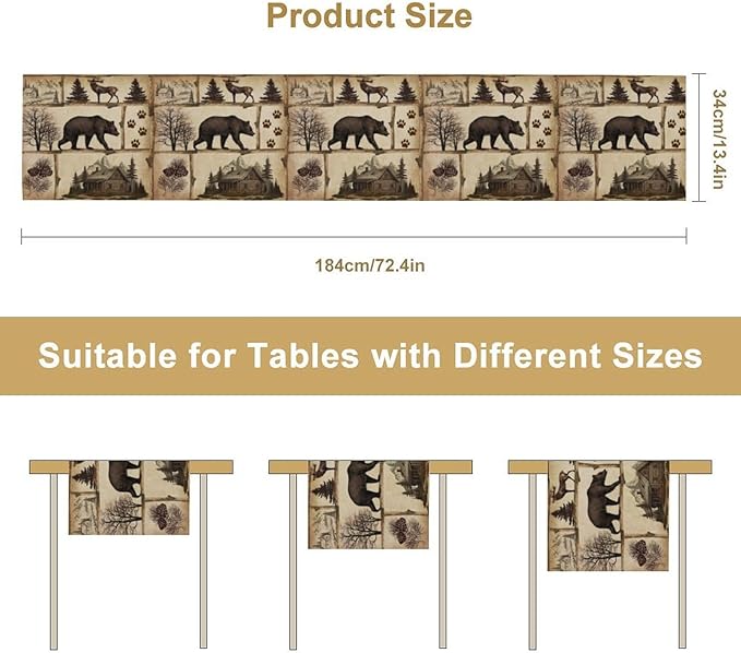 Rustic Cabin Table Runner, Retro Moose Cone Deer Bear Farmhouse Lodge Table Runner for Dinner Living Room Kitchen Vintage Country Cottage 13x36 Inch
