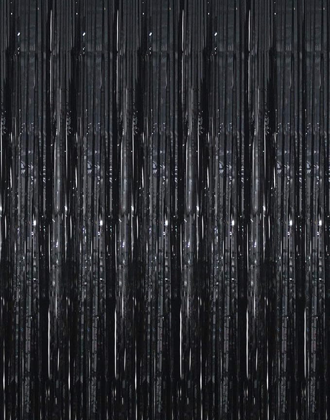 GOER 3.2 ft x 9.8 ft Metallic Tinsel Foil Fringe Curtains Party Photo Backdrop Party Streamers for Halloween,Birthday,Graduation,New Year Eve Decorations Wedding Decor (4 Packs,Black)