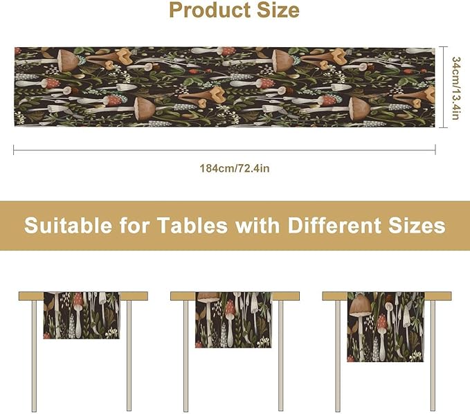 Mushroom Table Runner,Retro Forest Wildflower Botanical Plants Flower Art Pattern Print Burlap Hotel Indoors Outdoor Dining Room Kitchen Holiday Party, 13x60in