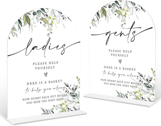 2 Pcs Greenery Wedding Bathroom Ladies & Gents Signs, 6 x 8 Inch White Arch Acrylic Wedding Sign with Holder, Wedding Sign for Ceremony and Reception, Wedding Decoration, Wedding Supplies - LY32