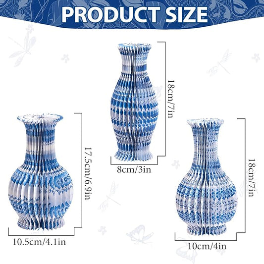3 Pcs Blue and White Paper Honeycomb Vase, Foldable Decorative Vase with Magnetic Closure, Chinoiserie Décor Vase, Reusable Table Centerpiece for Wedding, Baby Shower, Home Decor