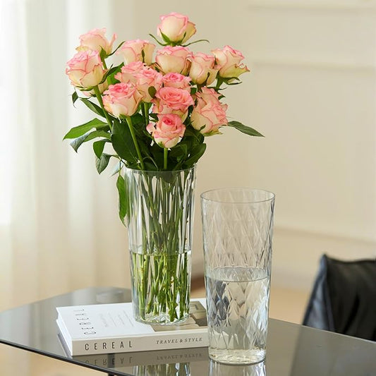 2 Clear Crystal Plastic Flower Vase, 10.2" Acrylic Rose Bouquet Vases for Home Decor Centerpieces Wedding Birthday Mothers (D4.6 2 + 2 Holder)