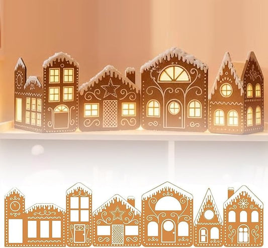 Christmas Gingerbread Village Light-Up Decor, House Cardboard Kit with LED Lights, Foldable House Village Centerpieces Christmas Decorations, Holiday Home Tabletop Decor