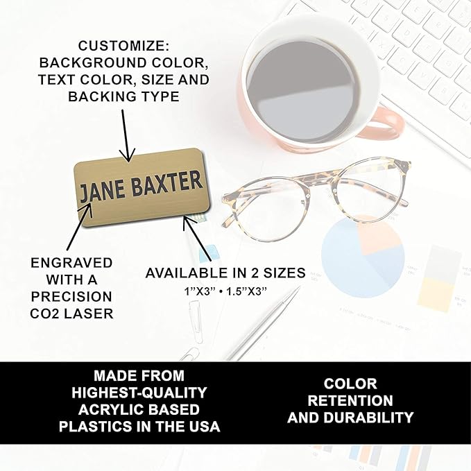 Custom Engraved Name Tag Badges – Personalized Identification with Pin or Magnetic Backing, 1 Inch x 3 Inches, Silver/Black