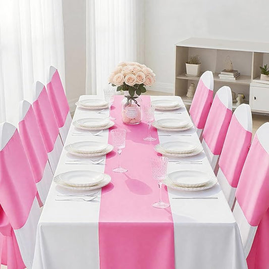 SHEJIZE 20 Pack Pink Satin Table Runner 12x108 Inches Long, Bright Silky Smooth Satin Table Runner Table Decor for Wedding Banquet Christmas Prom Event Birthday Party