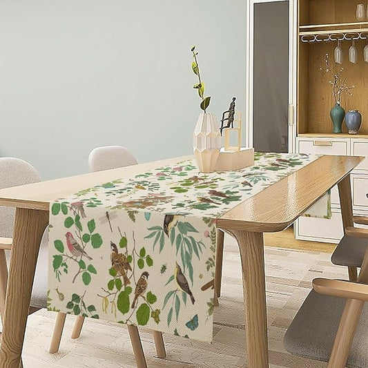 Vintage Bird Flower Table Runner Seasonal Spring Summer Garden Plants Farmhouse Country Kitchen Dining Table Decoration for Home Party Holiday 13"x90"