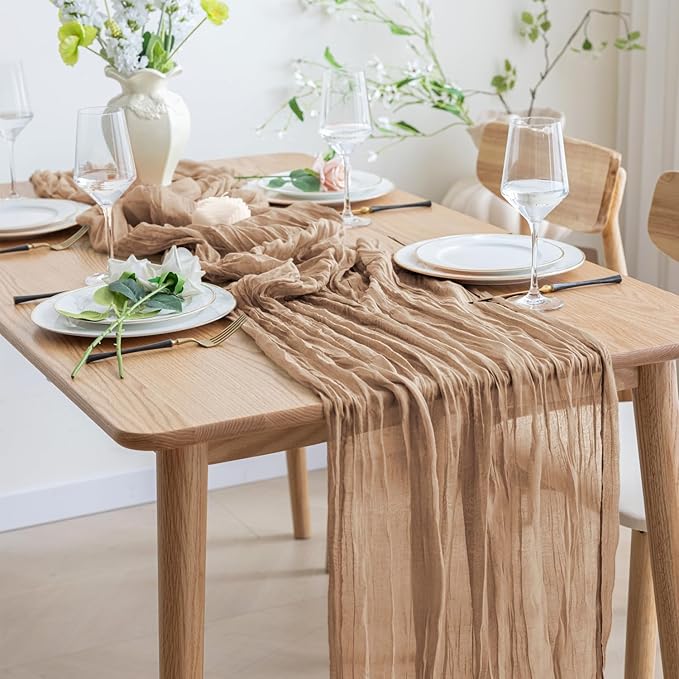 Asee'm 6pcs Cheesecloth Table Runner 120 Inches Long Nude Boho Gauze Cheese Cloth Runner 10FT Rustic Sheer Table Runners for Christmas Wedding Party Baby Shower Spring Easter Decoration