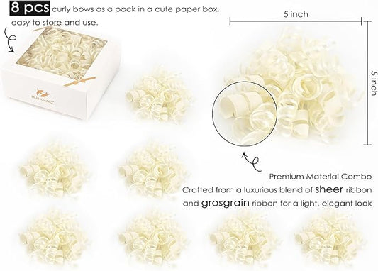 HUIHUANG Gift Wrapping Bows Gift Wrap Accessory Ivory Curly Ribbon Bow 5 inch x 8 Counts Stick On Bows for Presents, Paper Bag, Party Favors, Bridal Shower Wedding Decoration