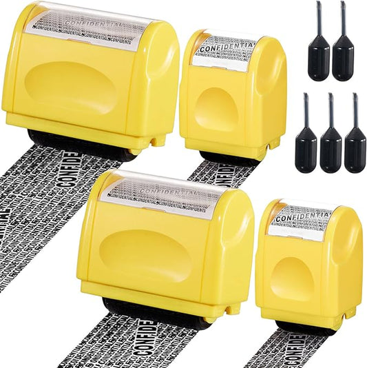 Mimorou 4 Pack Identity Theft Protection Roller Stamps Kit Confidential Privacy Roller Hidden Wide Privacy Stamp 5 Pcs Refills Security Ink for Mail Address Blocker(Yellow)