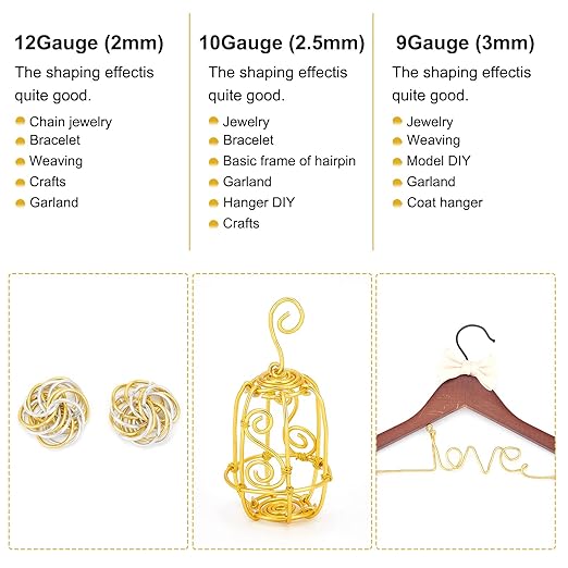 BENECREAT 12 17 18 Guage Aluminum Wire (12 Gauge,100FT) Anodized Jewelry Craft Making Beading Floral Colored Aluminum Craft Wire - Gold