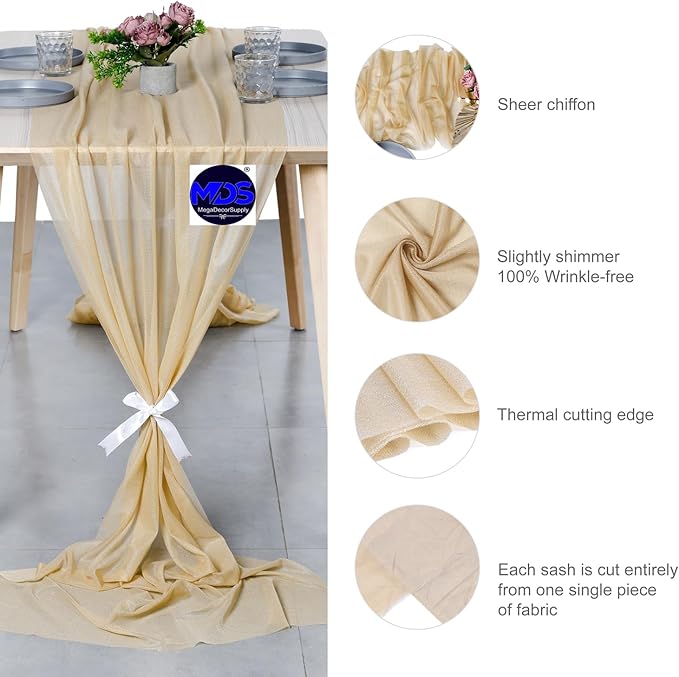 MDS Halloween Chiffon Table Runner - 15 Pack, 29 x 170 Inches, 14ft Each - Sheer Spooky Table Runners for Haunted House Parties, Trick-or-Treat Tables, Witchy Décor, Wedding & Events - Champagne Gold