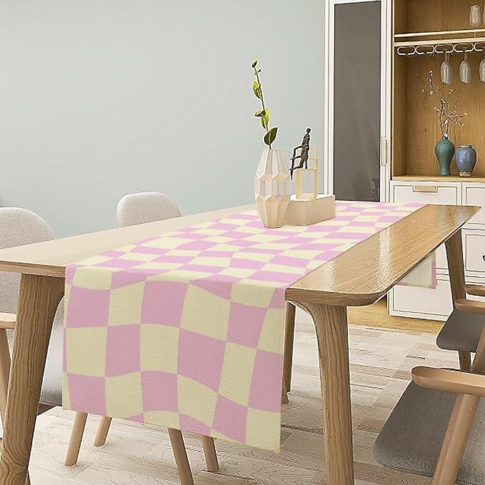 Hippie Table Runner Retro Geometric Square Purple Grid 60s70s Style Kitchen Restaurant Decoration for Indoor and Outdoor Wedding Party Table Runner 13x120 Inch