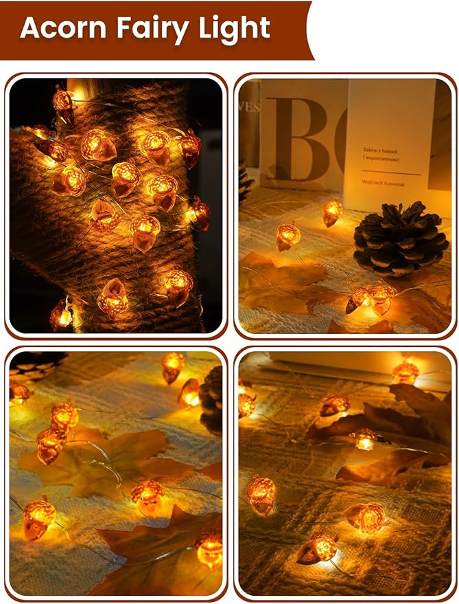 BOSSERN 2 Pack 60LED Thanksgiving Decoration Acorn String Light Battery Operated, 20FT Fall Lights with Remote, Waterproof 8 Modes Fairy Lights for Autumn Harvest Thanksgiving Halloween Decor