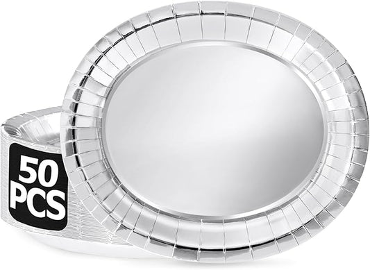 50 Pcs Oval Large Paper Plates, 12.2'' X 10.2'' Silver Foil Paper Plates, Daily Dinner Plates Disposable Paper Plates Bulk Party Supplies for Wedding Silver Anniversaries Graduation Birthday Party
