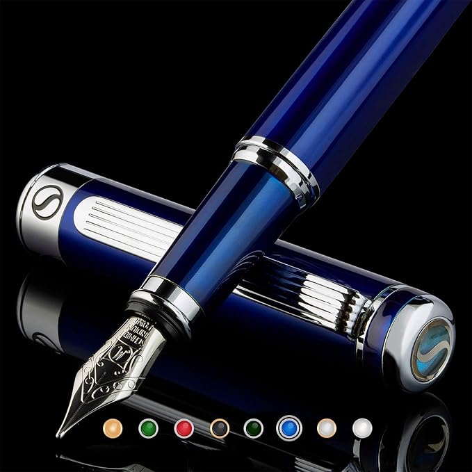 Scriveiner Midnight Blue Fountain Pen - Stunning Luxury Pen with Chrome Appointments, Schmidt Nib (Medium), Best Pen Gift Set for Men & Women, Professional, Executive, Office, Nice Pens