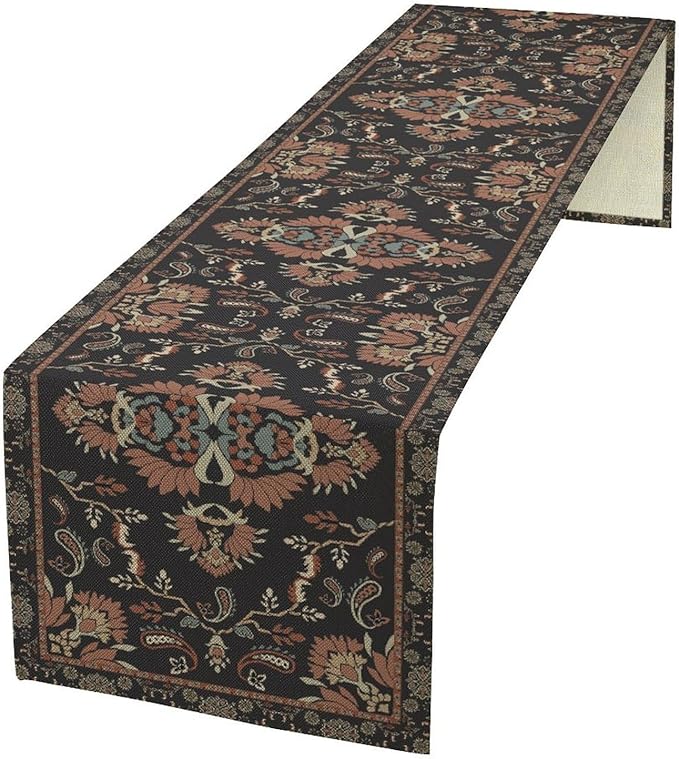 Boho Paisley Farmhouse Table Runner, Vintage Red Blue Retro Flower Rustic Country Style Floral Print Pattern for Home Kitchen Table Decor Dining Coffee Room Garden Party Decor 13x36in