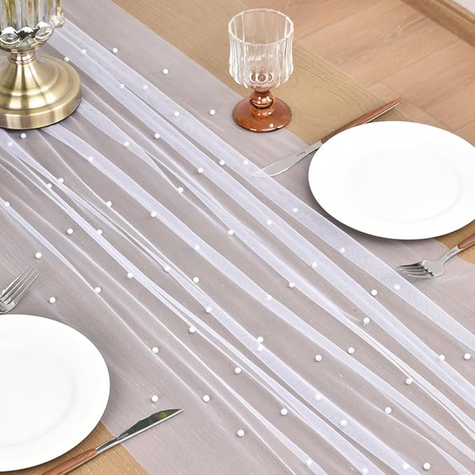 Joanlody Fall Pearl Table Runner 10ft Rustic Boho Tulle Table Runner with Pearls for Baby Shower Wedding Party Veil Dessert Thanksgiving Table Decor White