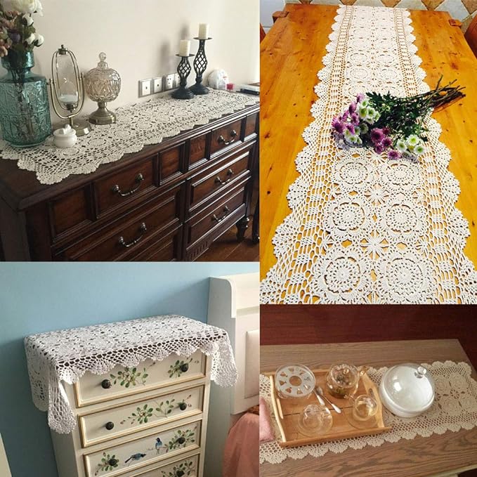 KEPSWET Cotton Handmade Crochet Lace Table Runner Dark Brown Rectangle Coffee Table Dresser Decor (14x72 inch)